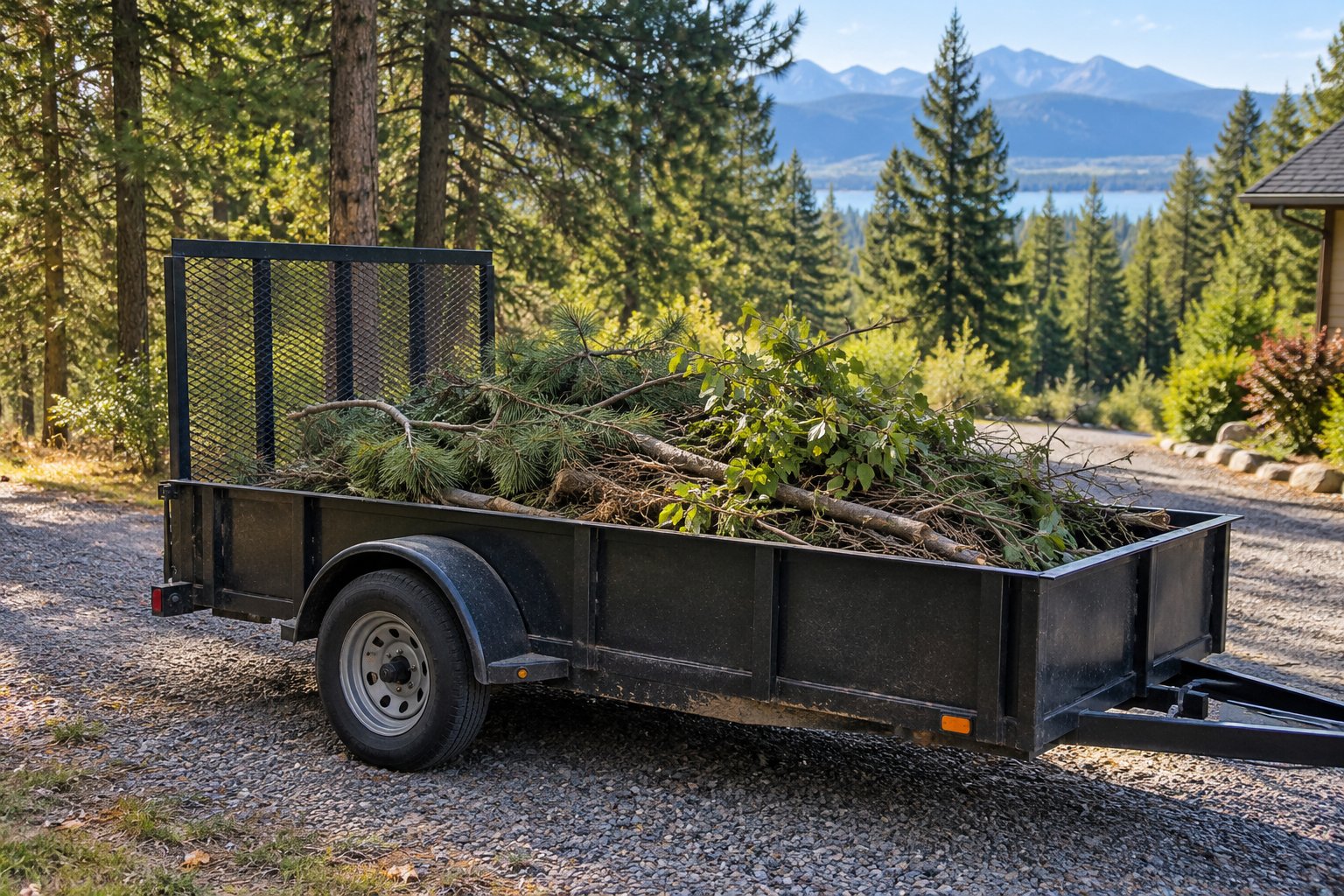 Utility trailer loaded with yard debris on a gravel driveway