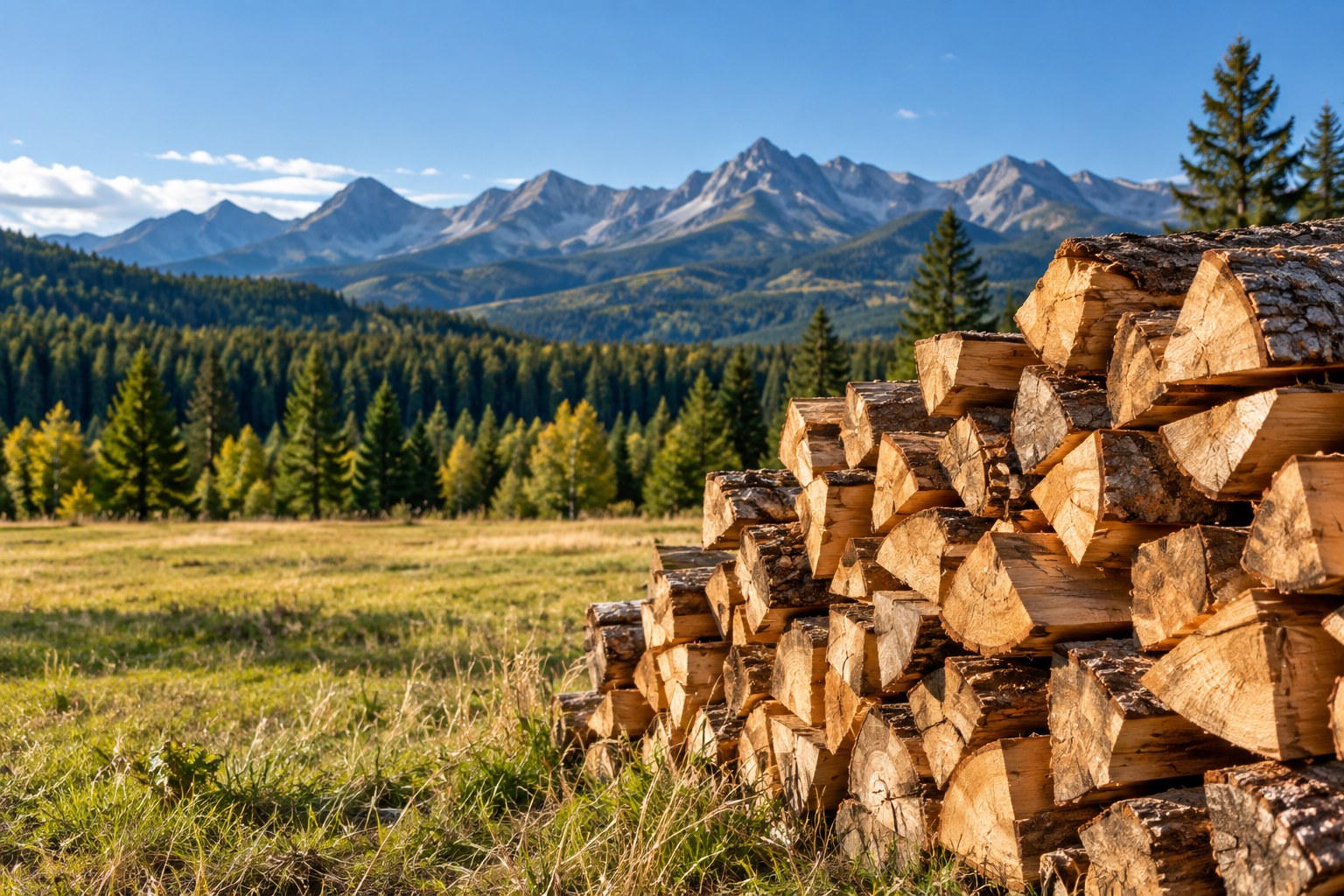 Split firewood beside a grassy property with evergreens and mountains in the distance