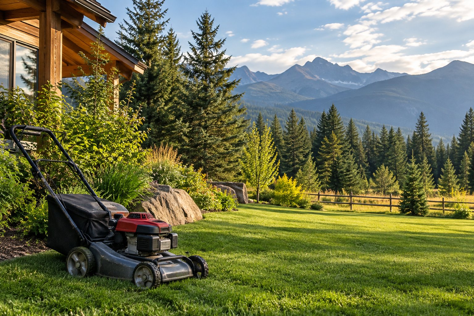 Mower beside a green residential lawn and evergreen trees